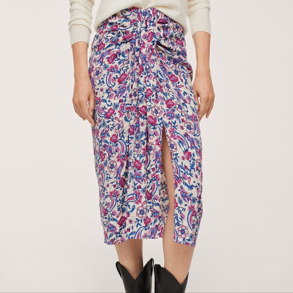 NWT Mango MNG Knot floral flowers printed asymmetrical midi skirt Size XXS